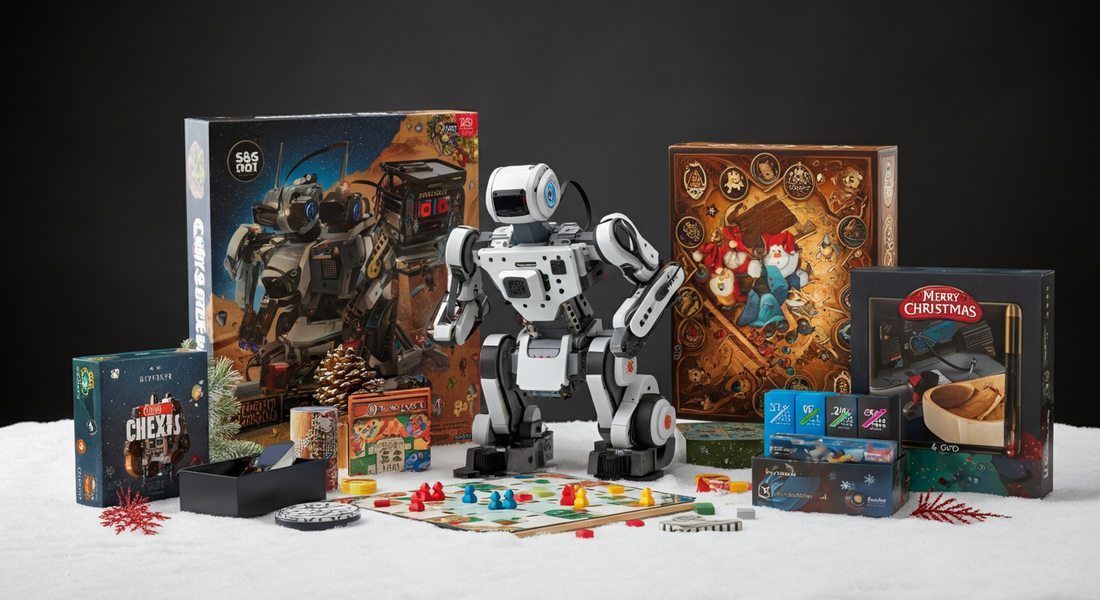 Christmas toys for 13-year-olds including STEM robot kit, strategy board games, and holiday gift boxes