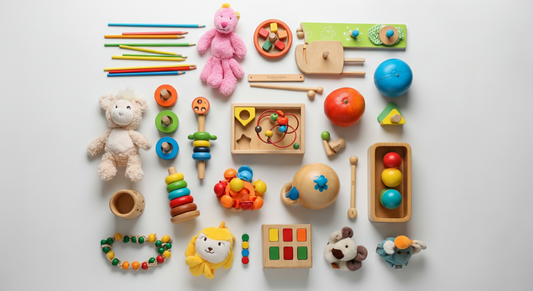 Age-appropriate wooden toys and plush animals for 2-year-old girls including shape sorter, stacking toy, beads, and sensory play items