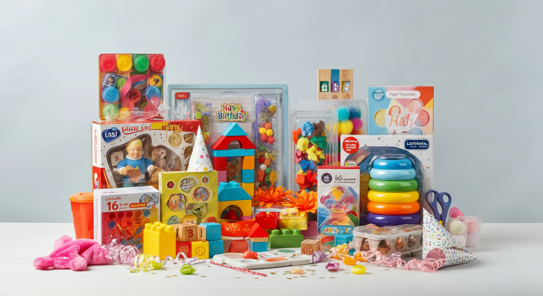 Colorful birthday gifts for 5-year-old girls including building blocks, stacking rings, craft kits, puzzles, and educational toys arranged on a table.