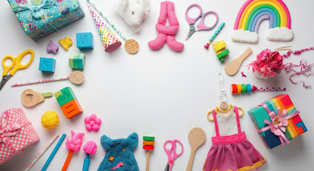 Colorful birthday gifts and toys for 3-year-old girls including dress-up clothes, building blocks, craft supplies, and pretend play items arranged on a pastel background.