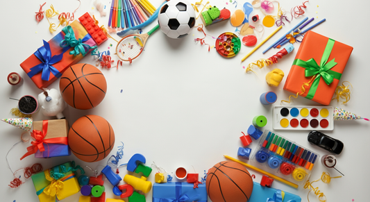 Colorful birthday gift ideas for 10-year-old boys, including basketballs, a soccer ball, art supplies, toy blocks, and wrapped presents arranged around a white background.