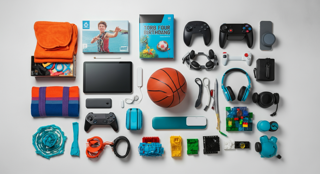 Best birthday gifts for 14 year old boys arranged in flat lay, featuring tech gadgets, gaming controllers, headphones, basketball, sports gear, creative building blocks, tablet, and accessories on white background.