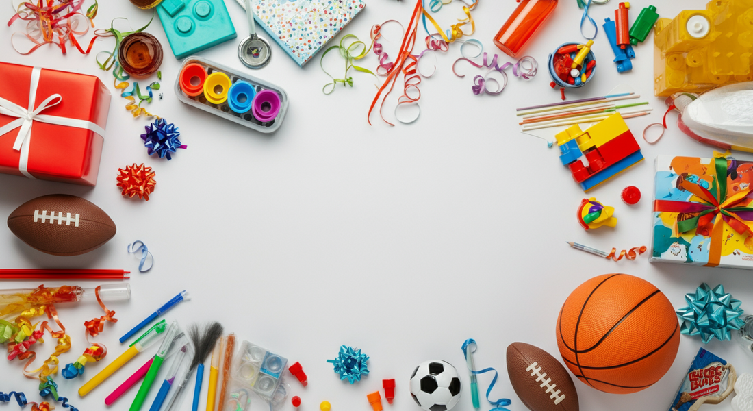 Birthday gifts for 9-year-old girls including art supplies, STEM toys, building blocks, books, and sports equipment arranged on a white background.