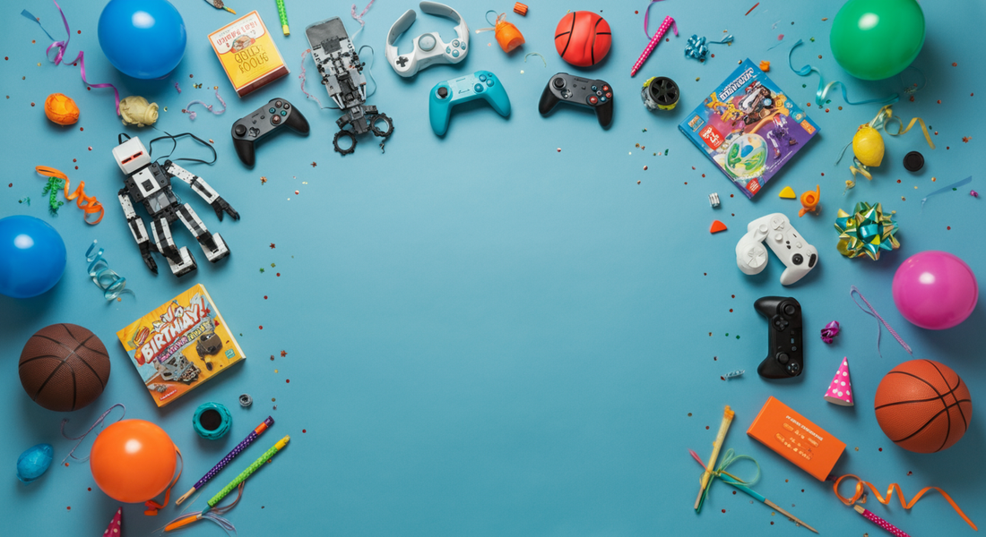 Colorful flat lay of birthday gifts for 12 year old boys including STEM toys, robotics kits, video game controllers, basketballs, books, and party decorations arranged around a blue background.