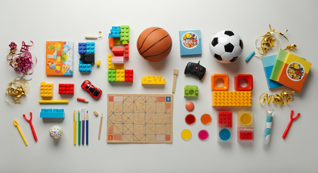 Educational toys and sports equipment for 9-year-olds including building blocks, board game, basketball, soccer ball, art supplies, and puzzle set arranged on white background