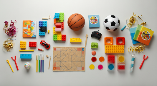 Educational toys and sports equipment for 9-year-olds including building blocks, board game, basketball, soccer ball, art supplies, and puzzle set arranged on white background