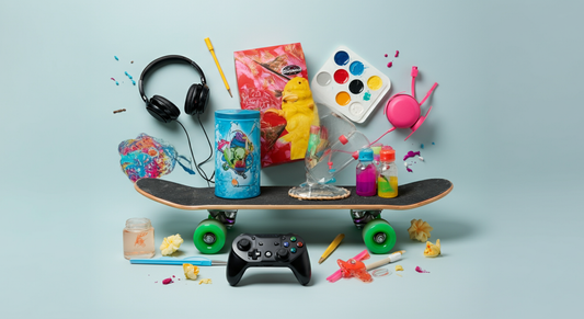Teen birthday gift ideas display featuring skateboard, gaming controller, headphones, art supplies, science kit materials, and creative toys for 13-year-old boys
