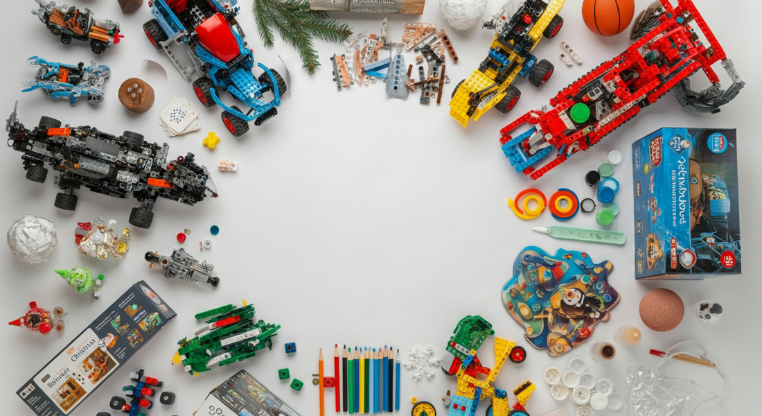 Christmas toys for 7 year olds including STEM building sets, board games, art supplies, and educational play kits arranged on white background