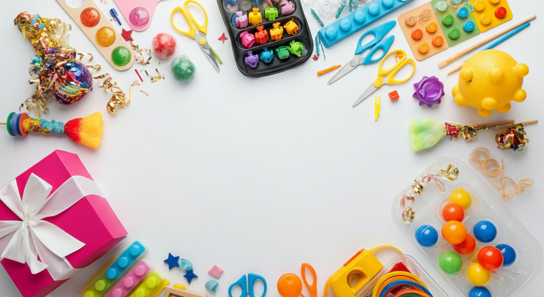 Colorful birthday gift ideas for 4-year-old girls including art supplies, building blocks, scissors, and party decorations arranged on a white background.