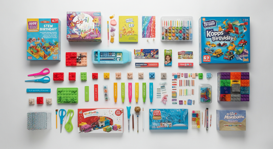 Birthday gift ideas for 10-year-old girls featuring STEM kits, building blocks, craft supplies, art sets, board games, and educational toys arranged on a white background.