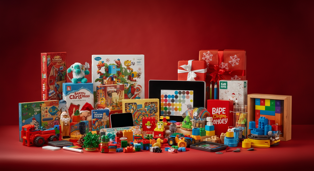 Christmas toys for 9 year olds including building sets, board games, STEM kits, and wrapped holiday gifts on red background