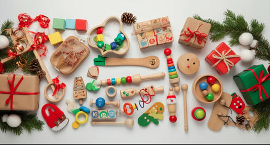 Christmas toys for 1-year-olds including wooden stacking toys, blocks, and musical instruments on white background