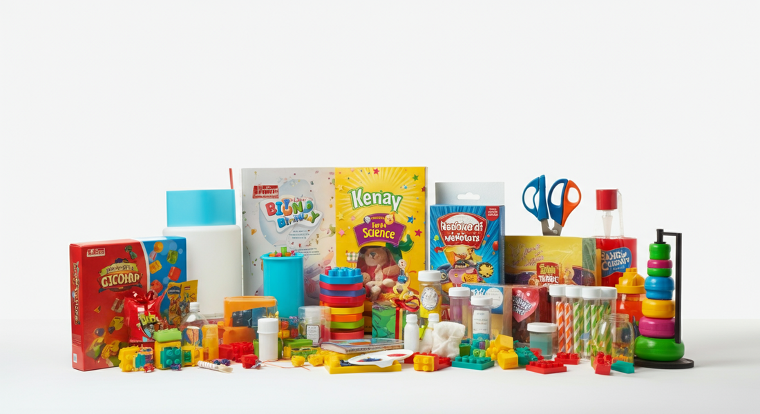Colorful birthday gifts for 8-year-old girls including STEM kits, art supplies, building blocks, puzzles, and educational toys arranged together.