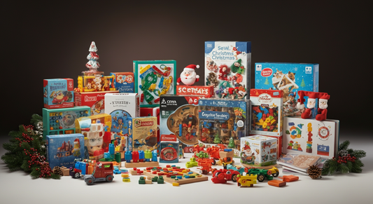 Christmas toys for 8-year-olds including STEM kits, building sets, board games, and holiday gift boxes