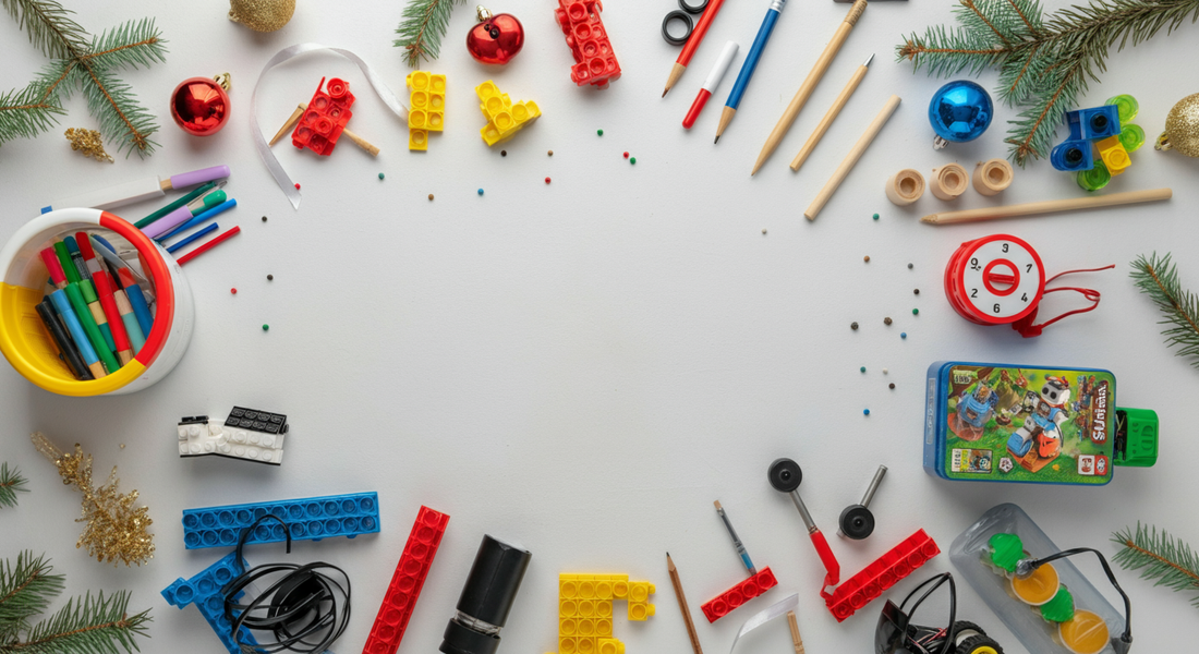 Christmas toys for 11-year-olds flat lay with STEM kits, building blocks, art supplies, and holiday decorations