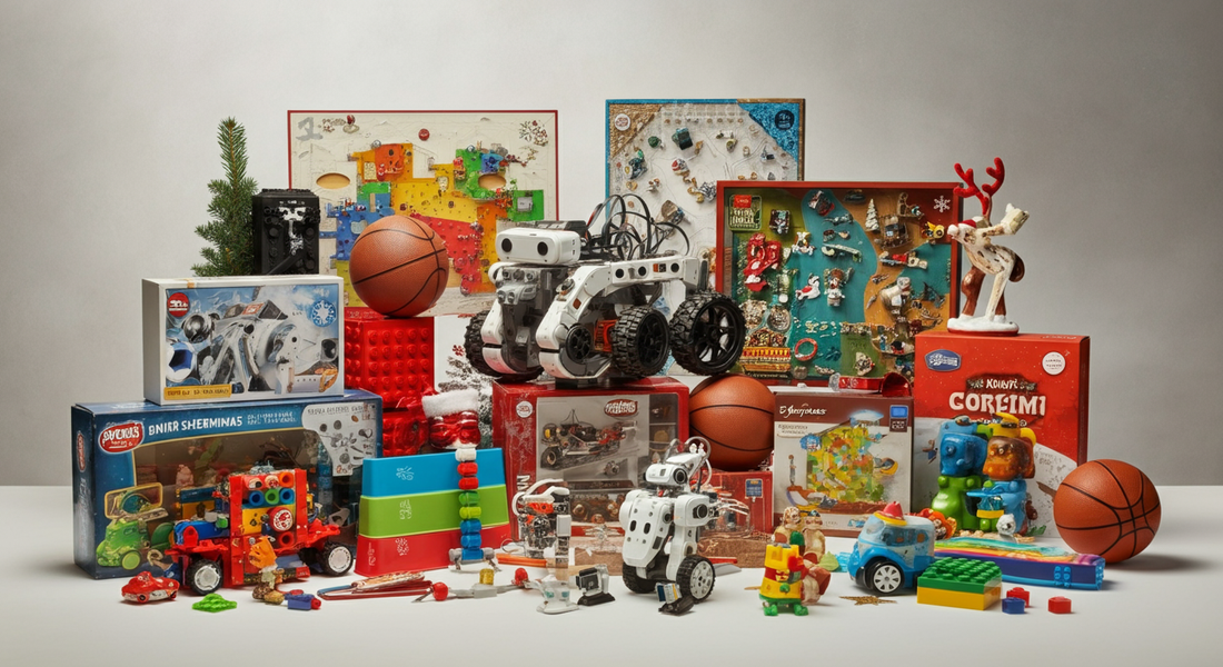 Christmas toys for 12-year-olds including robotics kits, building sets, board games, and sports equipment displayed on a white background