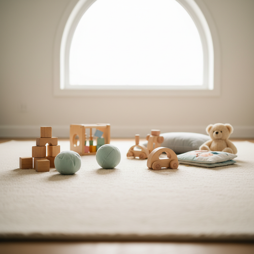 Minimalist wooden toys neatly arranged on a soft play mat near a window, creating a calm and uncluttered toddler play space.