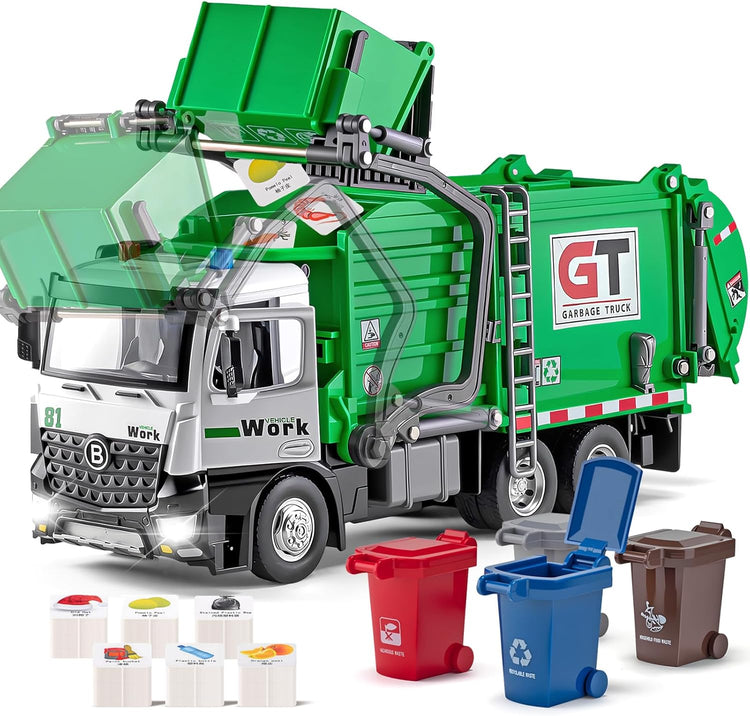 Garbage Truck Toy with Lights, Sounds & 4 Trash Bins