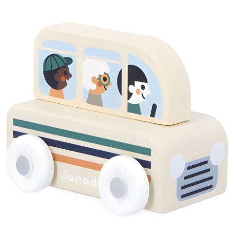 Janod White Valley Bus - Easy-Grip Wooden Mountain Ride