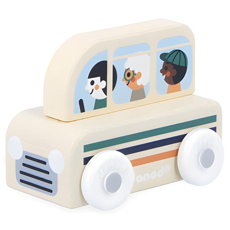 Janod White Valley Bus - Easy-Grip Wooden Mountain Ride