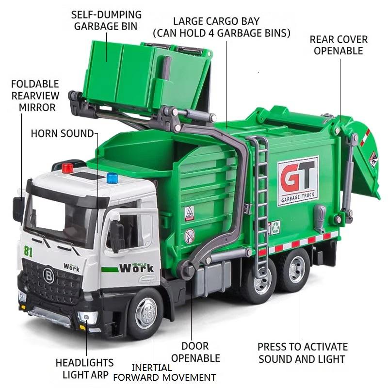 Garbage Truck Toy with Lights, Sounds & 4 Trash Bins