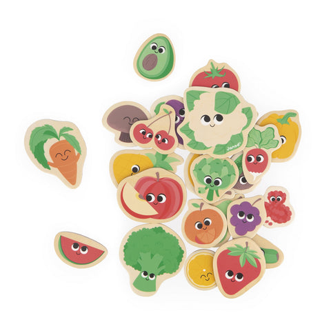 Janod Fruit and Veggie Magnets - 24 Wooden Play Pieces Set