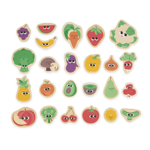 Janod Fruit and Veggie Magnets - 24 Wooden Play Pieces Set