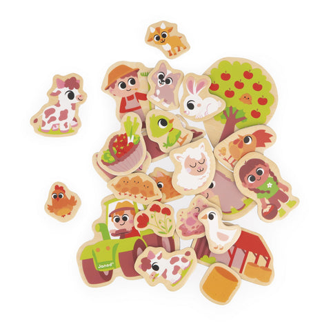 Janod Farm Magnets - 24 Wooden Pieces for Fridge or Board