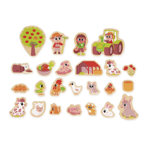 Janod Farm Magnets - 24 Wooden Pieces for Fridge or Board