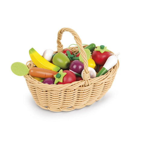 Janod Wooden Play Food Basket - 24 Fruits and Veggies to Sort