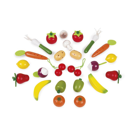 Janod Wooden Play Food Basket - 24 Fruits and Veggies to Sort