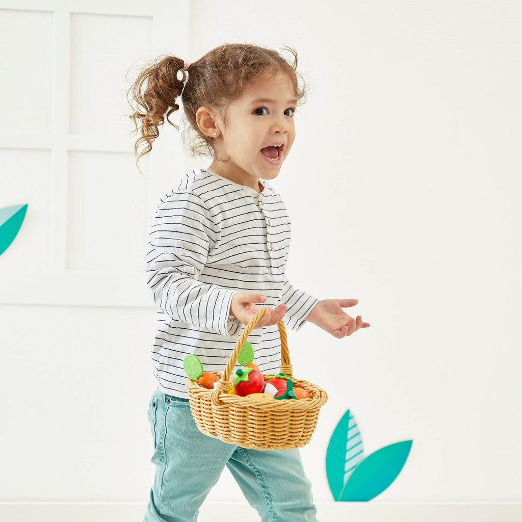 Janod Wooden Play Food Basket - 24 Fruits and Veggies to Sort