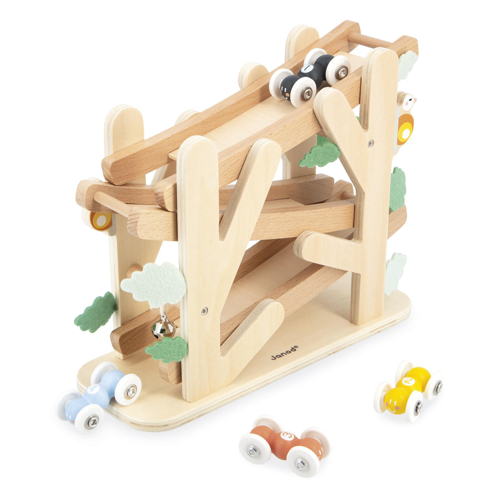 Janod Ant Slide - 3-Level Wooden Track with 4 Rolling Cars