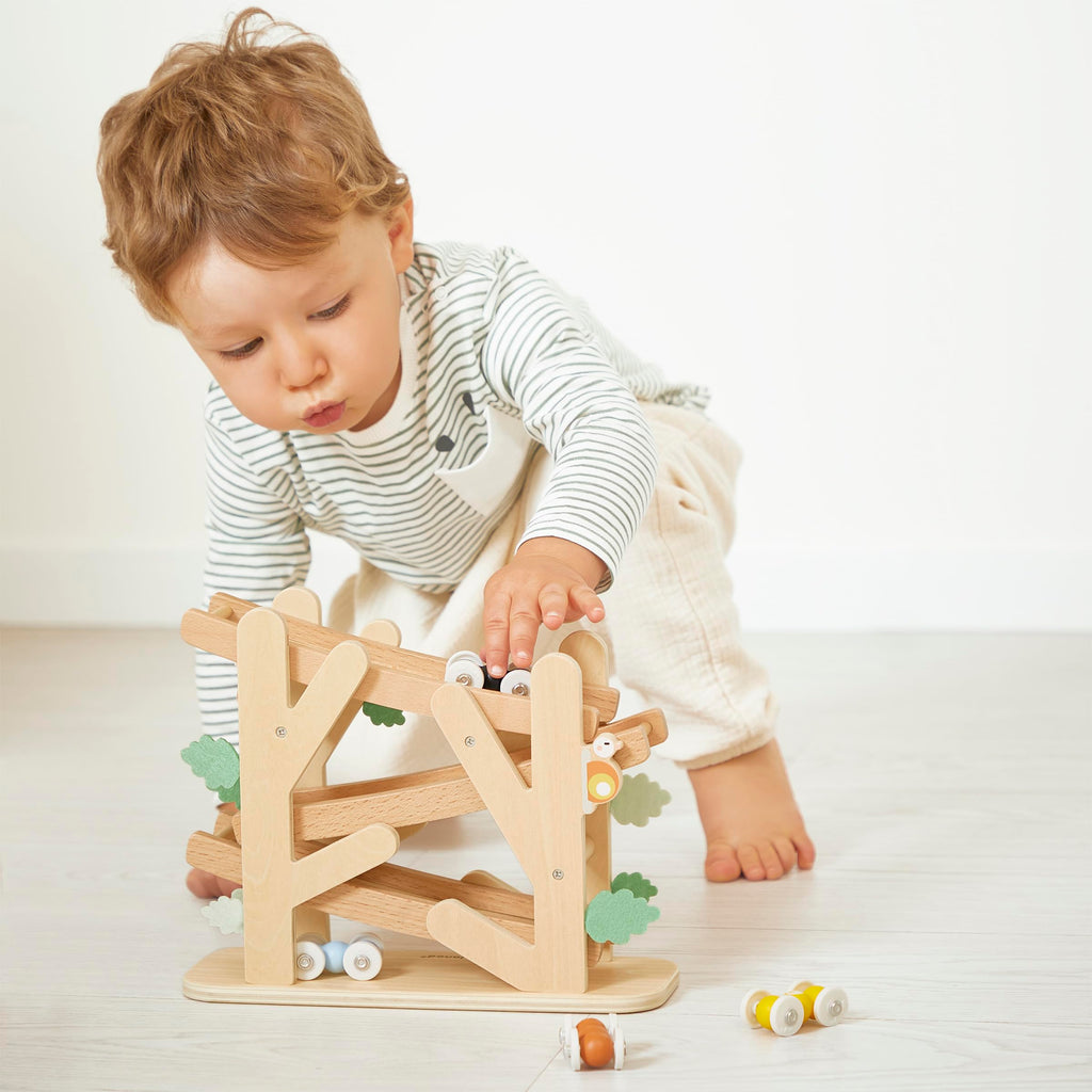 Janod Ant Slide - 3-Level Wooden Track with 4 Rolling Cars