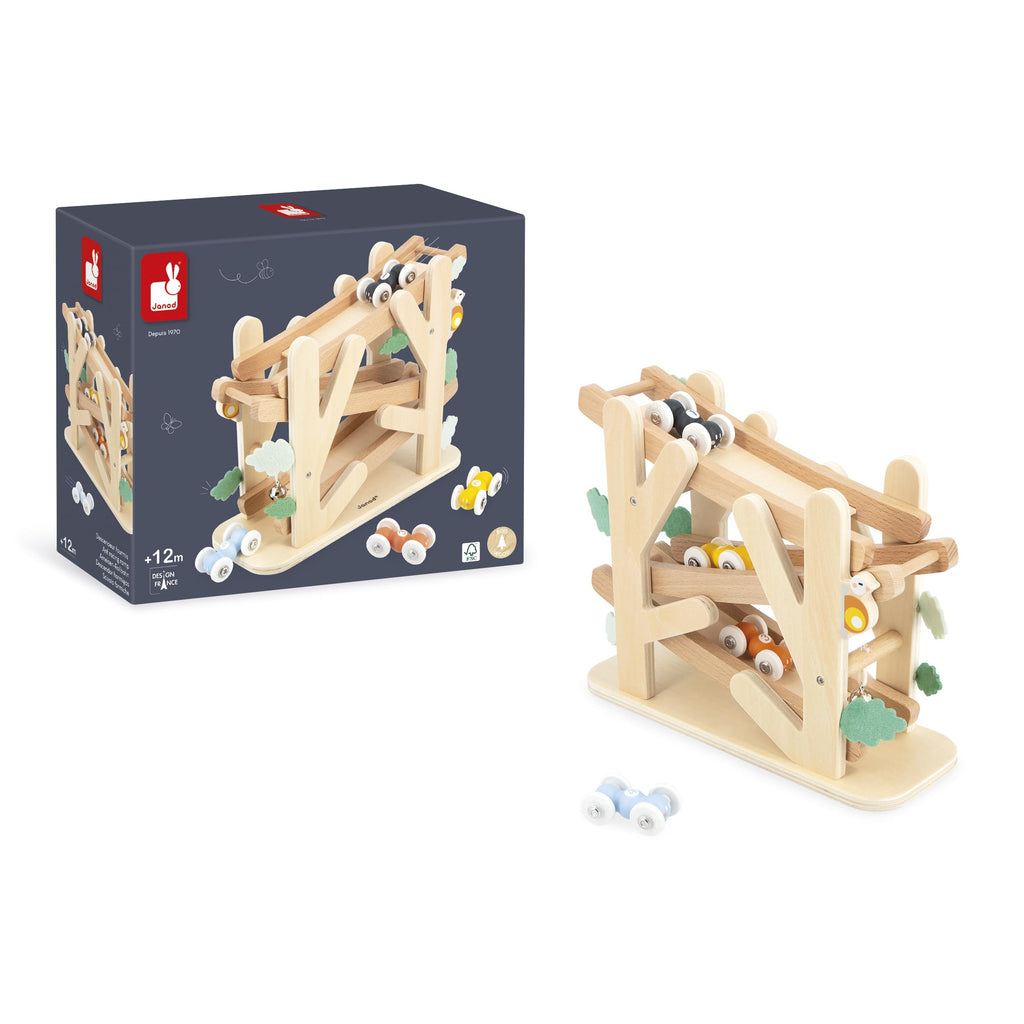 Janod Ant Slide - 3-Level Wooden Track with 4 Rolling Cars