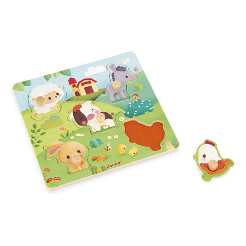 Janod Tactile Farm Puzzle - 5 Textured Wooden Animal Pieces