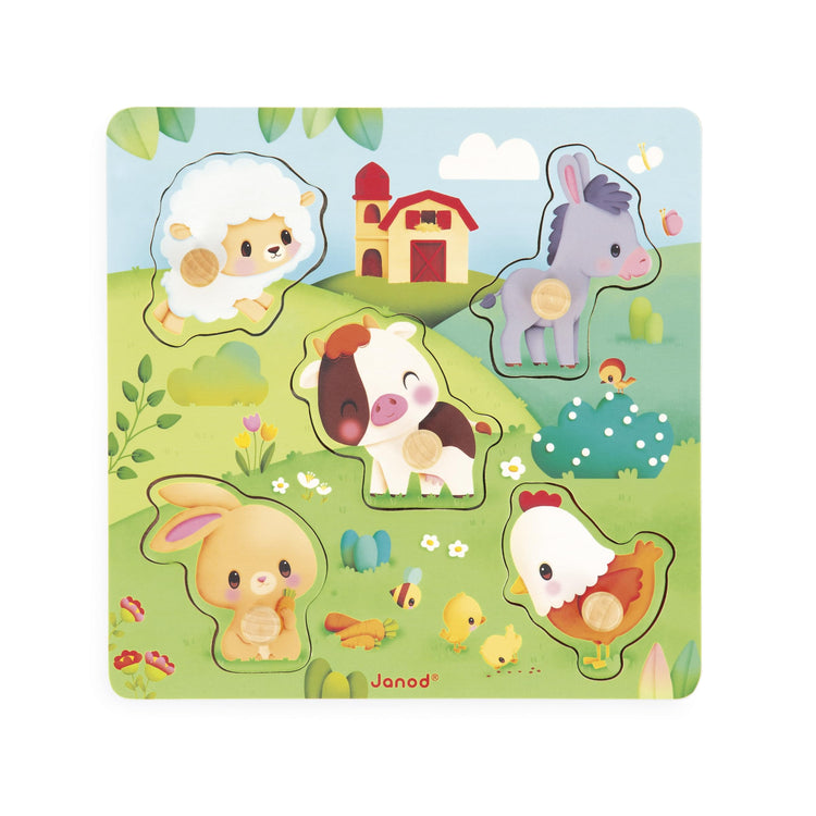 Janod Tactile Farm Puzzle - 5 Textured Wooden Animal Pieces