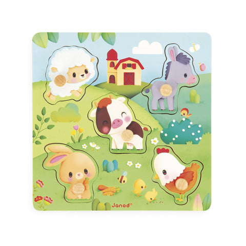 Janod Tactile Farm Puzzle - 5 Textured Wooden Animal Pieces