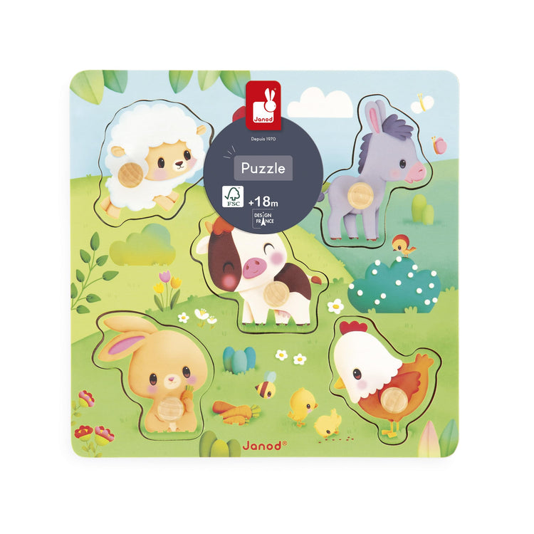 Janod Tactile Farm Puzzle - 5 Textured Wooden Animal Pieces