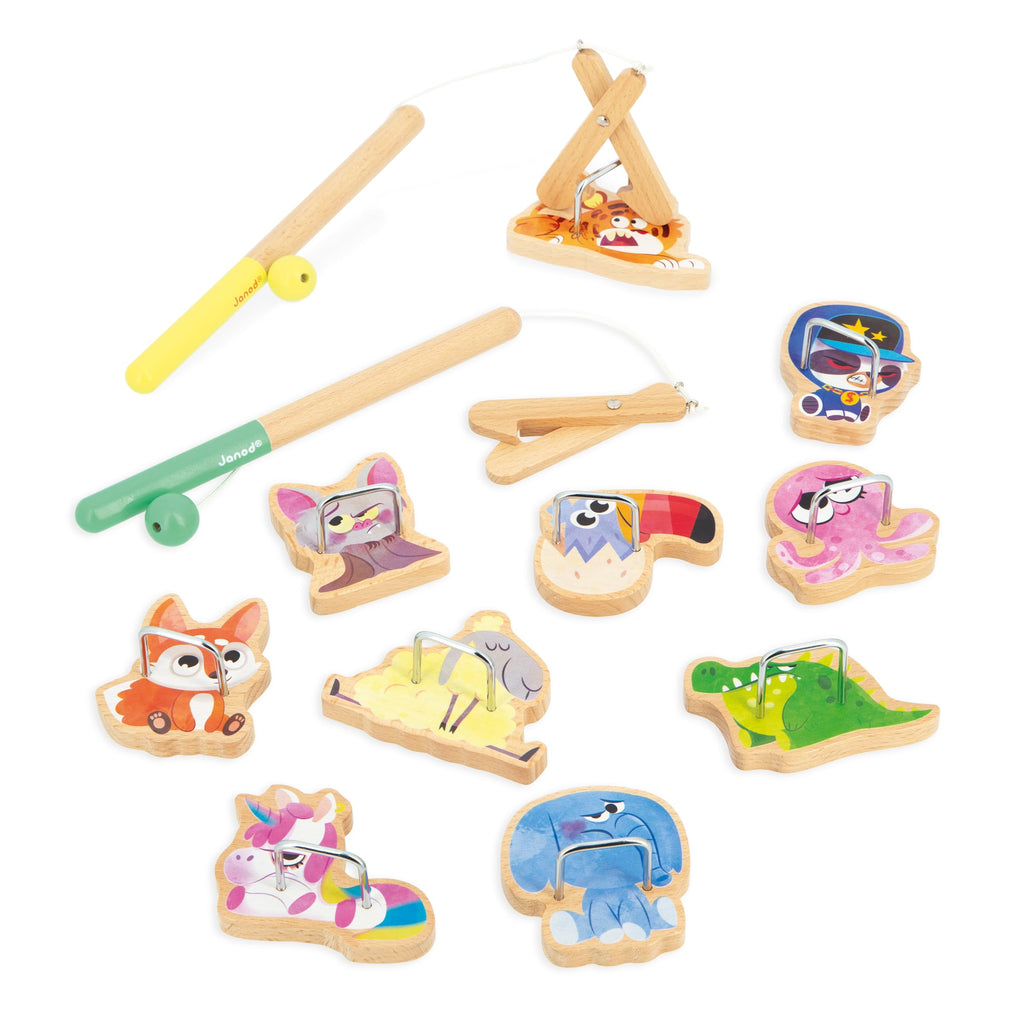 Janod Applepop Fishing Game - 10 Animals, 2 Clamps, FSC