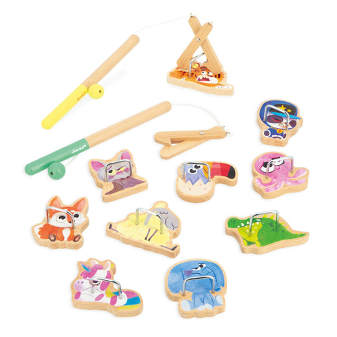 Janod Applepop Fishing Game - 10 Animals, 2 Clamps, FSC