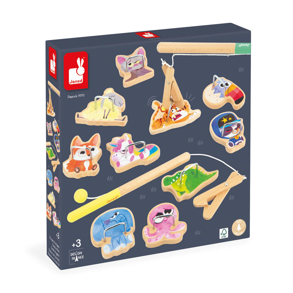 Janod Applepop Fishing Game - 10 Animals, 2 Clamps, FSC
