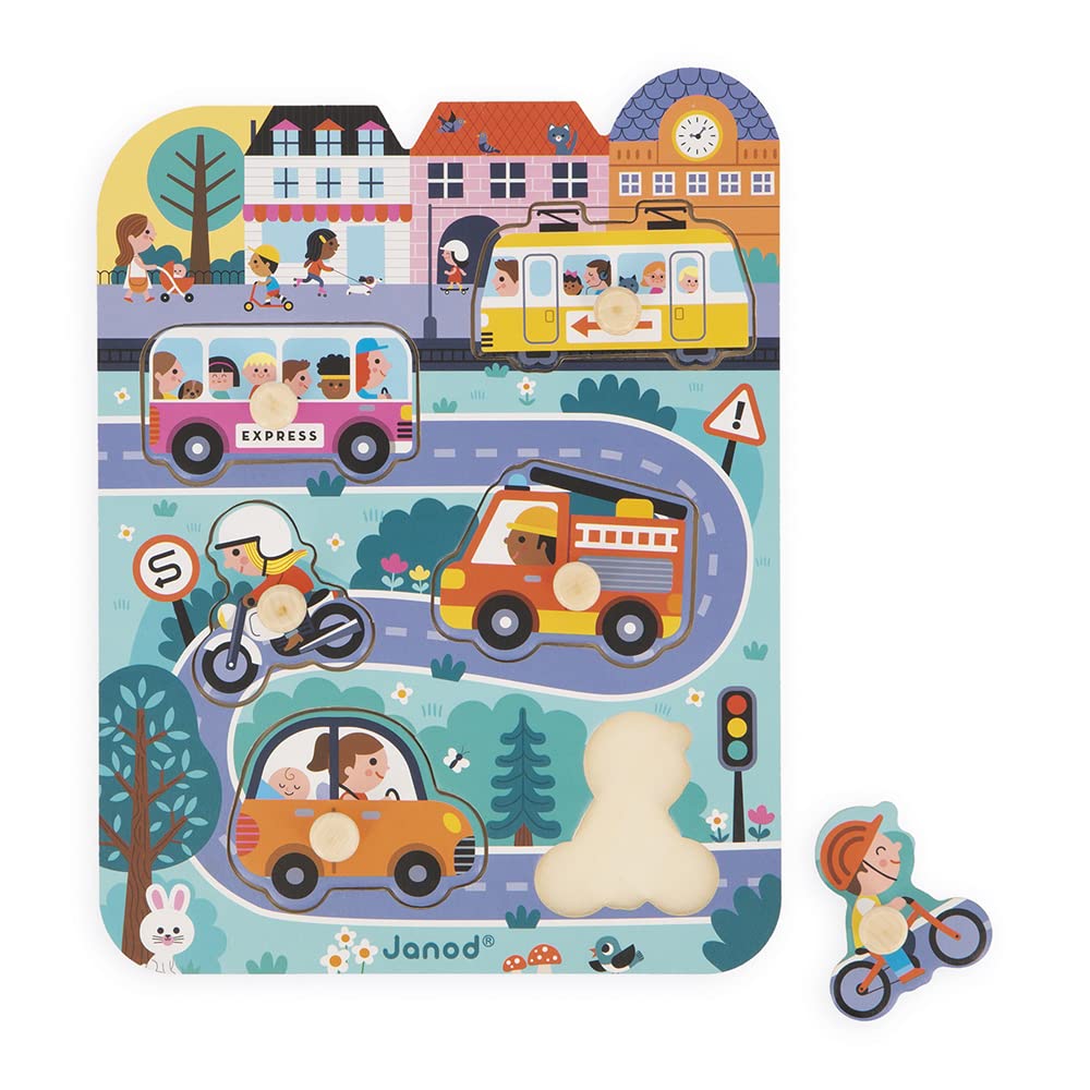 Janod City Peg Puzzle - 6 Wooden Vehicles for Little Hands