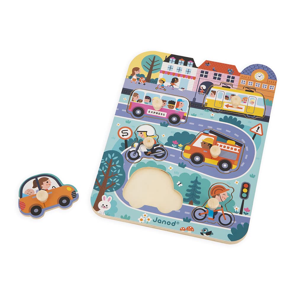 Janod City Peg Puzzle - 6 Wooden Vehicles for Little Hands