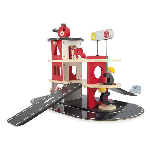 Janod Bolid Fire Station - 5 Vehicles for Wooden Rescue Play