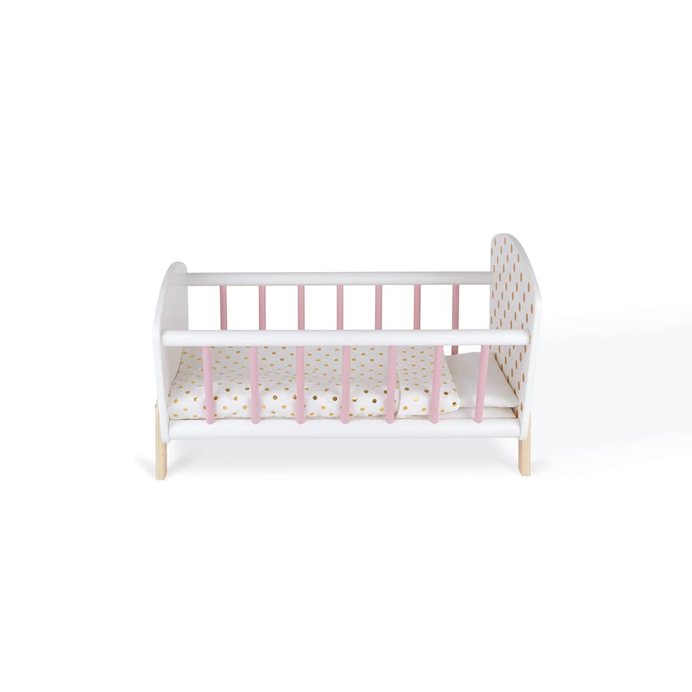 Janod Candy Chic Doll Bed - Wooden Cradle with Pillow & Mattress