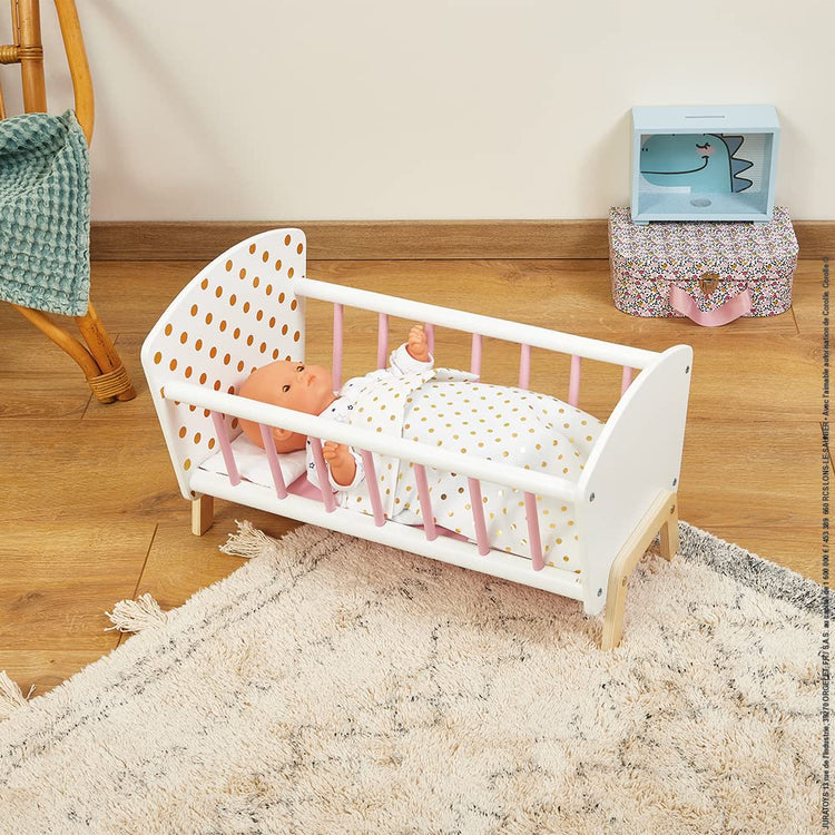 Janod Candy Chic Doll Bed - Wooden Cradle with Pillow & Mattress