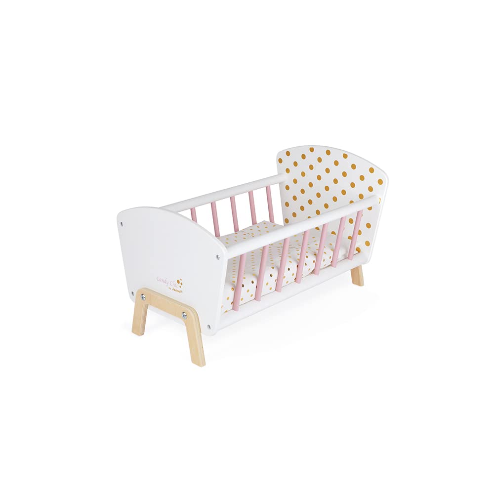 Janod Candy Chic Doll Bed - Wooden Cradle with Pillow & Mattress