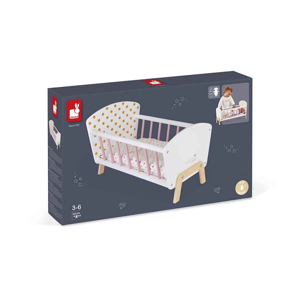 Janod Candy Chic Doll Bed - Wooden Cradle with Pillow & Mattress