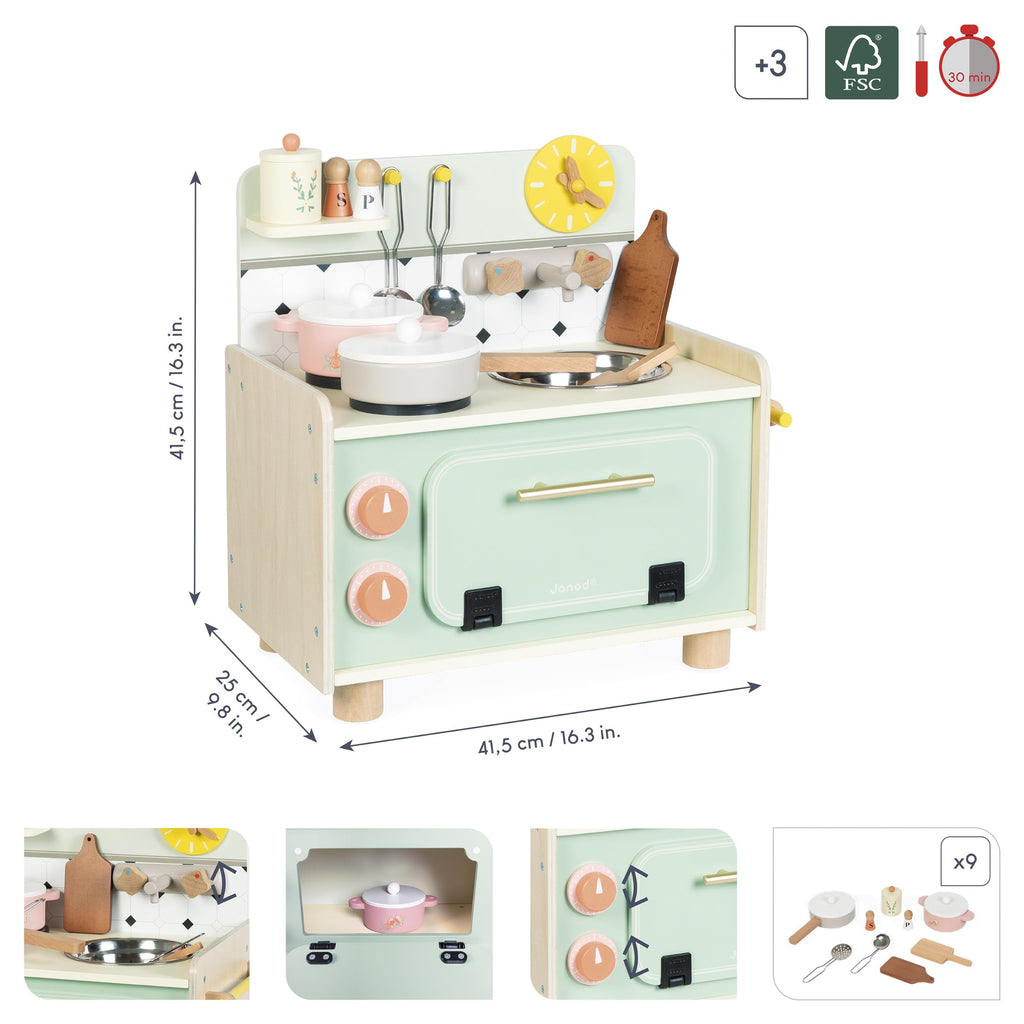 Janod Wooden Kitchenette - 10 Accessories and Sound Knobs